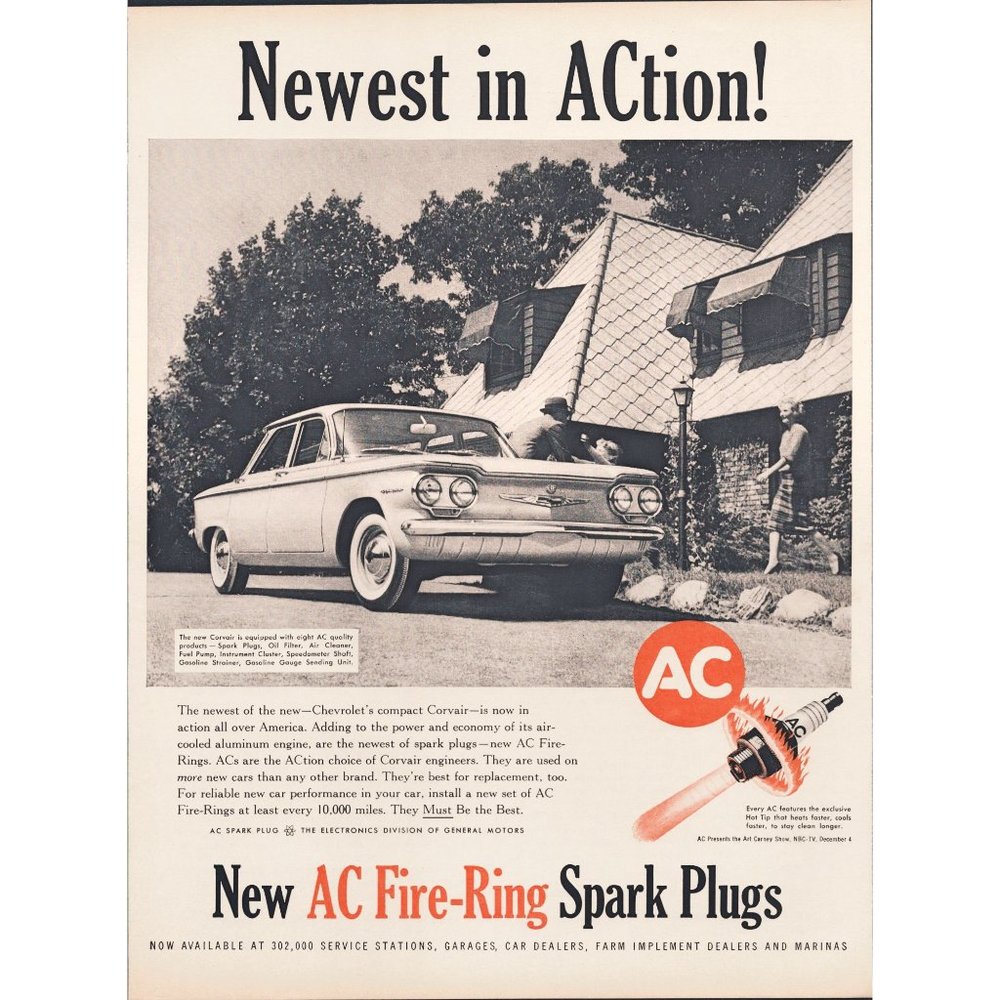 1959 AC Spark Plugs Chevy Corvair Sedan Vintage Print Ad Dad Daughter Wall Art